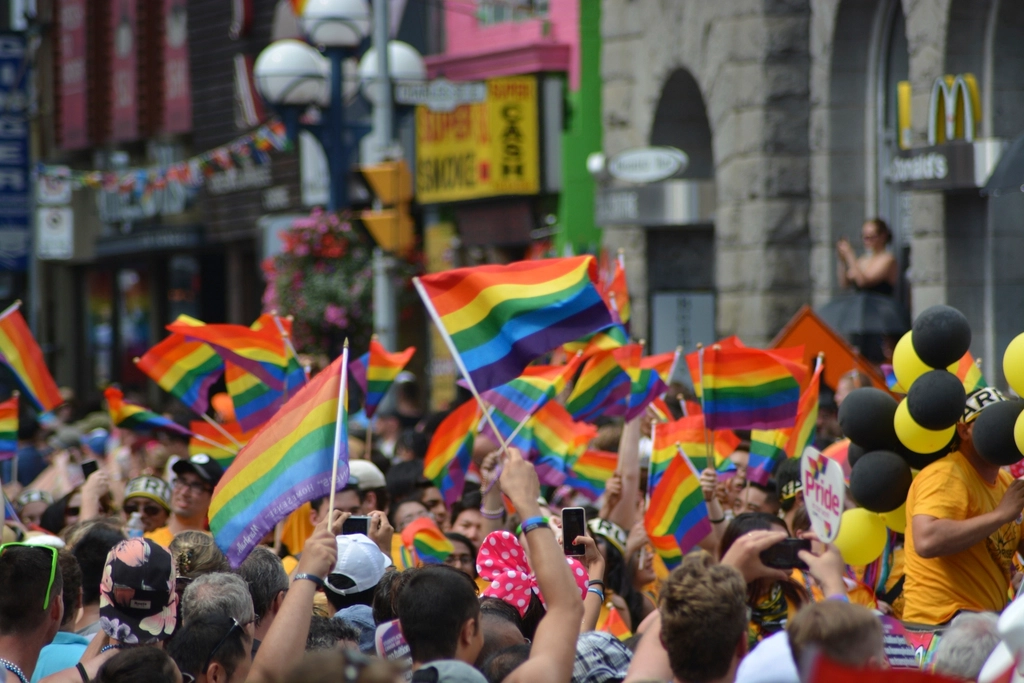 pride parade image, people with rainbow striped flags raised above their heads. 